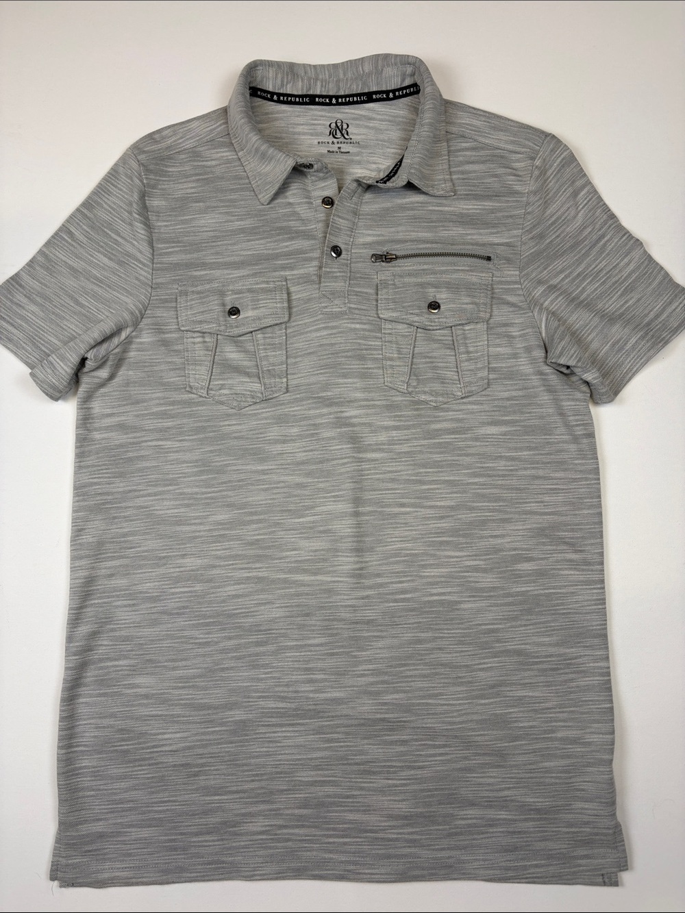 Rock & Republic Gray Slub Polo Shirt Utility Pockets Mens Medium